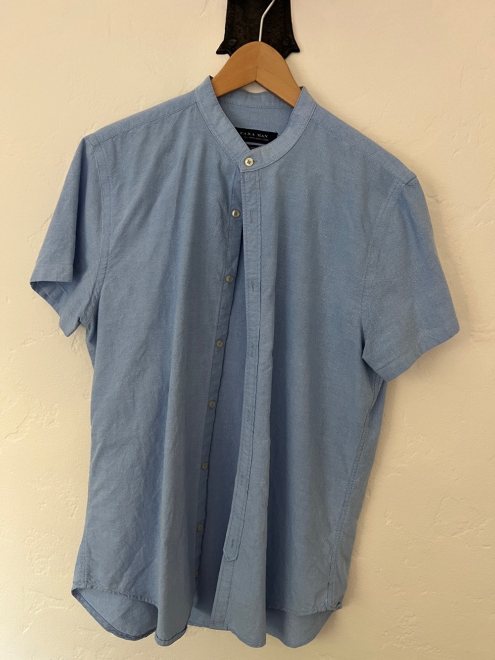 Zara Light Blue Short-Sleeve Band Collar Shirt